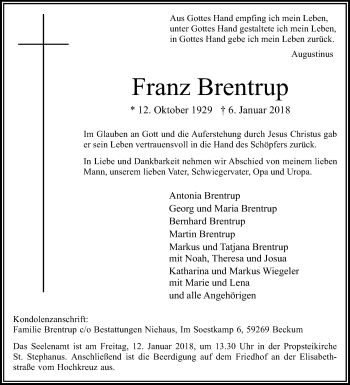 Traueranzeige von Franz Brentrup von Die Glocke