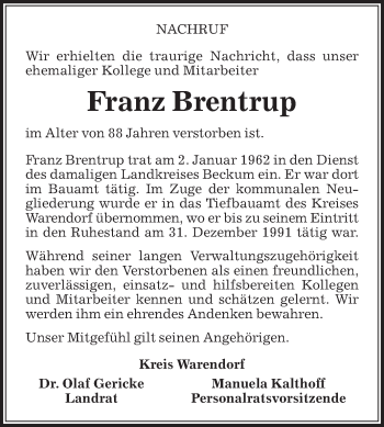 Traueranzeige von Franz Brentrup von Die Glocke