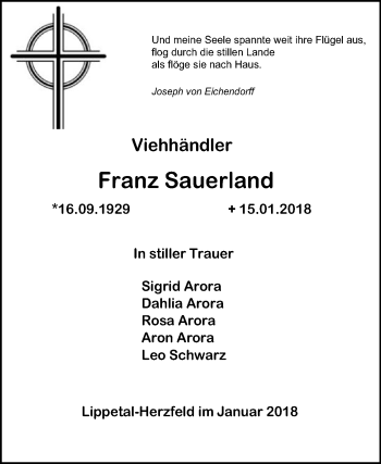 Traueranzeige von Franz Sauerland von Die Glocke