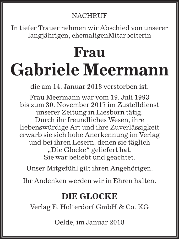  Traueranzeige für Gabriele Meermann vom 18.01.2018 aus Die Glocke