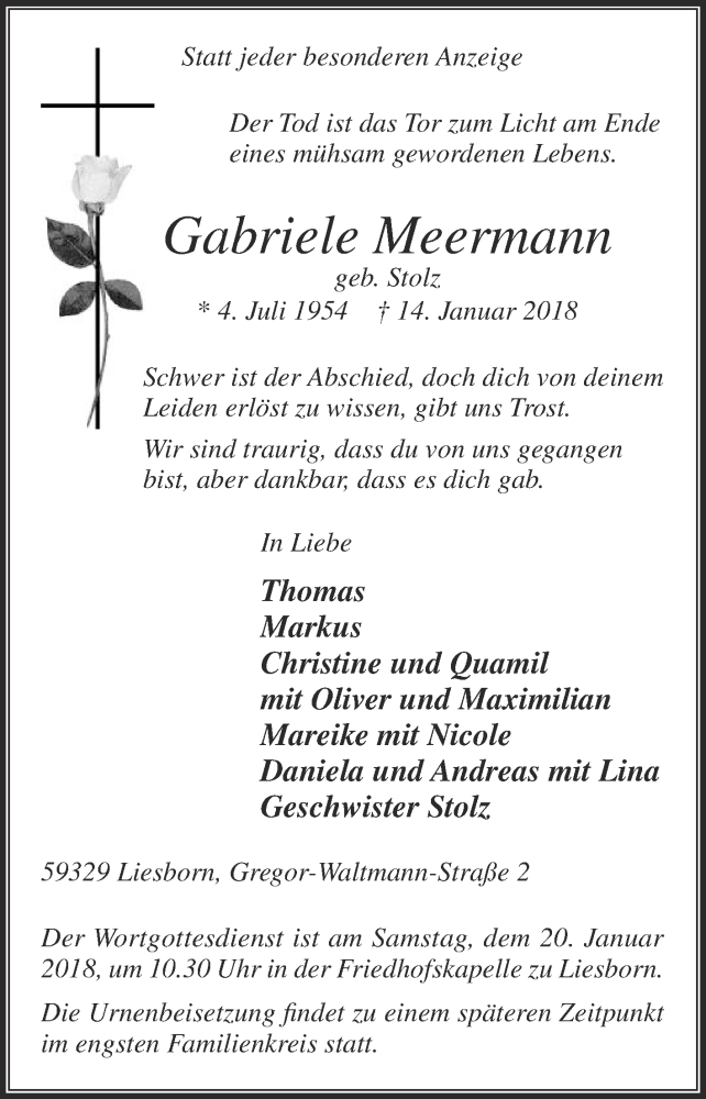  Traueranzeige für Gabriele Meermann vom 17.01.2018 aus Die Glocke
