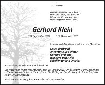Traueranzeige von Gerhard Klein von Die Glocke