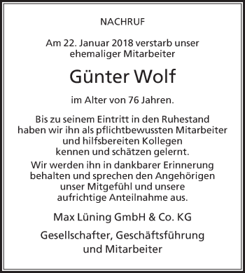 Traueranzeige von Günter Wolf von Die Glocke