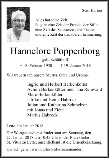 Traueranzeige von Hannelore Poppenborg von Die Glocke