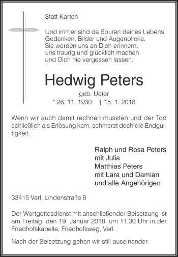 Traueranzeige von Hedwig Peters von Die Glocke