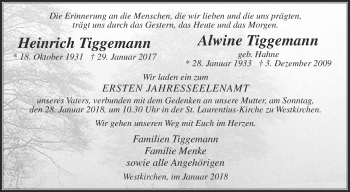 Traueranzeige von Heinrich und Alwine Tiggemann von Die Glocke