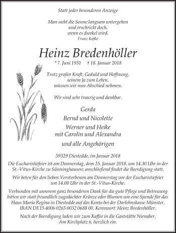 Traueranzeige von Heinz Bredenhöller von Die Glocke