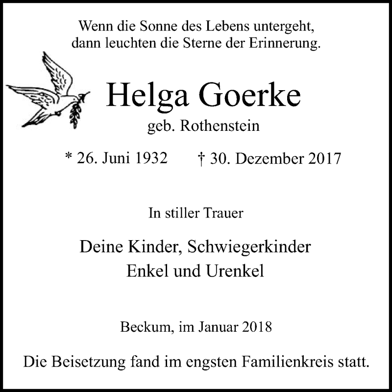  Traueranzeige für Helga Goerke vom 06.01.2018 aus Die Glocke