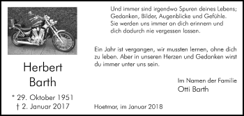 Traueranzeige von Herbert Barth von Die Glocke