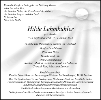 Traueranzeige von Hilde Lehmkühler von Die Glocke
