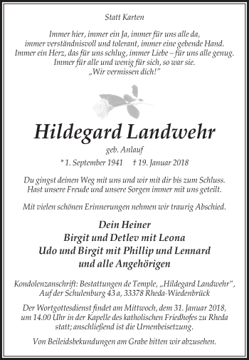 Traueranzeige von Hildegard Landwehr von Die Glocke