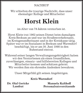 Traueranzeige von Horst Klein von Die Glocke