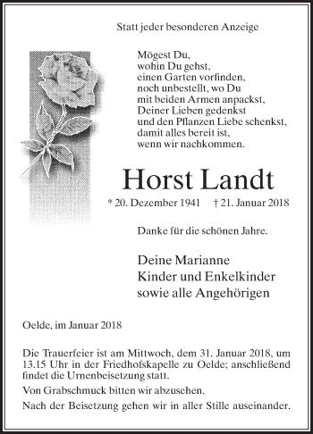 Traueranzeige von Horst Landt von Die Glocke