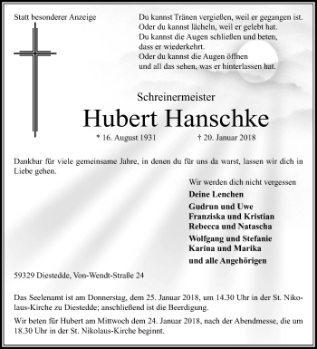 Traueranzeige von Hubert Hanschke von Die Glocke