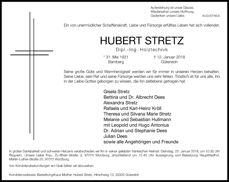  Traueranzeige für Hubert Stretz vom 17.01.2018 aus Die Glocke