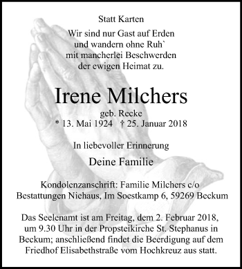 Traueranzeige von Irene Milchers von Die Glocke