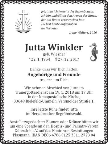 Traueranzeige von Jutta Winkler von Die Glocke