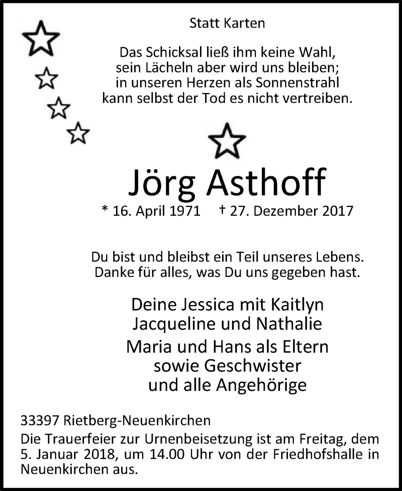  Traueranzeige für Jörg Asthoff vom 02.01.2018 aus Die Glocke