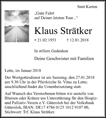 Traueranzeige von Klaus Strätker von Die Glocke