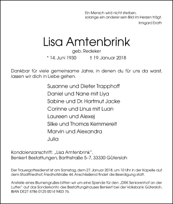 Traueranzeige von Lisa Amtenbrink von Die Glocke