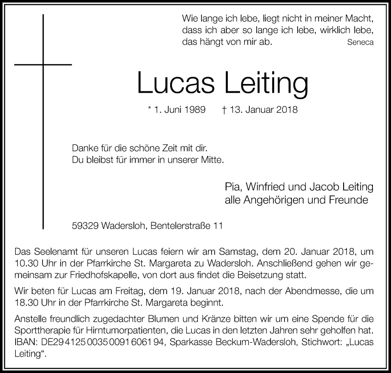  Traueranzeige für Lucas Leiting vom 16.01.2018 aus Die Glocke