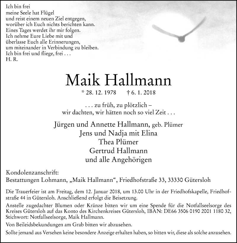  Traueranzeige für Maik Hallmann vom 10.01.2018 aus Die Glocke