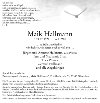 Traueranzeige von Maik Hallmann von Die Glocke