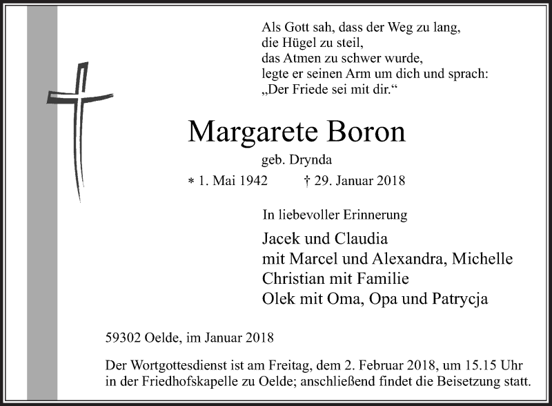  Traueranzeige für Margarete Boron vom 31.01.2018 aus Die Glocke