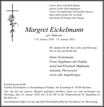 Traueranzeige von Margret Eickelmann von Die Glocke