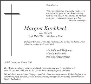Traueranzeige von Margret Kirchbeck von Die Glocke