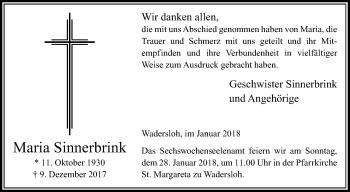 Traueranzeige von Maria Sinnerbrink von Die Glocke
