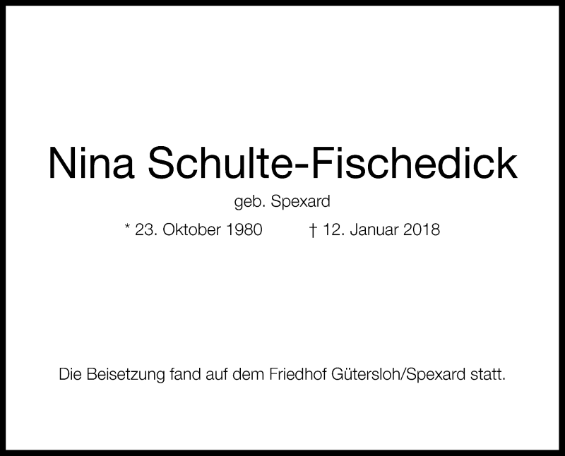  Traueranzeige für Nina Schulte-Fischedick vom 22.01.2018 aus Die Glocke