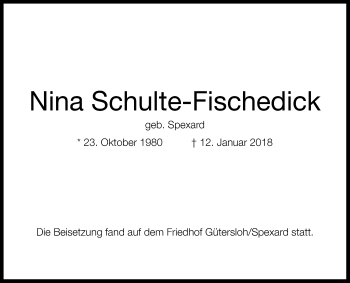 Traueranzeige von Nina Schulte-Fischedick von Die Glocke