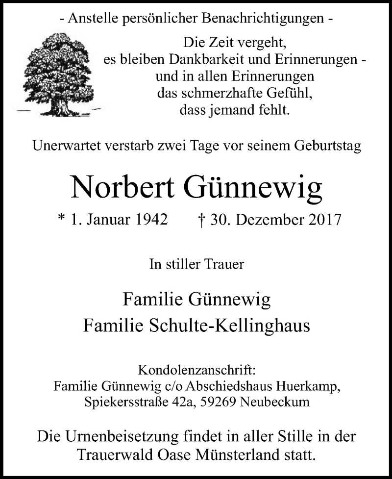  Traueranzeige für Norbert Günnewig vom 10.01.2018 aus Die Glocke