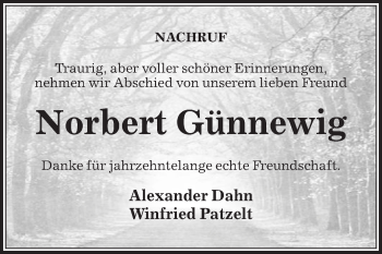 Traueranzeige von Norbert Günnewig von Die Glocke