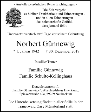 Traueranzeige von Norbert Günnewig von Die Glocke