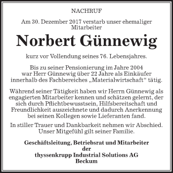 Traueranzeige von Norbert Günnewig von Die Glocke