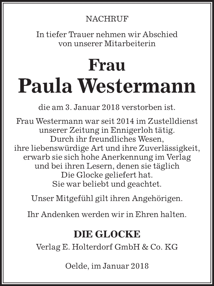  Traueranzeige für Paula Westermann vom 06.01.2018 aus Die Glocke