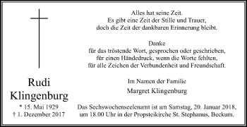 Traueranzeige von Rudi Klingenburg von Die Glocke