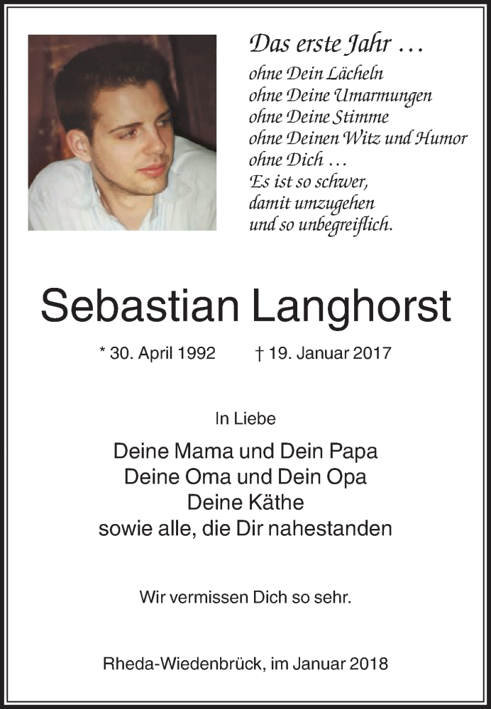  Traueranzeige für Sebastian Langhorst vom 20.01.2018 aus Die Glocke