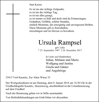 Traueranzeige von Ursula Rampsel von Die Glocke