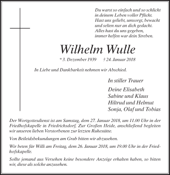 Traueranzeige von Wilhelm Wulle von Die Glocke