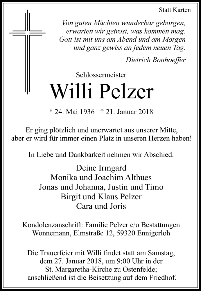  Traueranzeige für Willi Pelzer vom 24.01.2018 aus Die Glocke