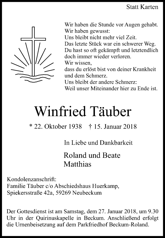  Traueranzeige für Winfried Täuber vom 22.01.2018 aus Die Glocke