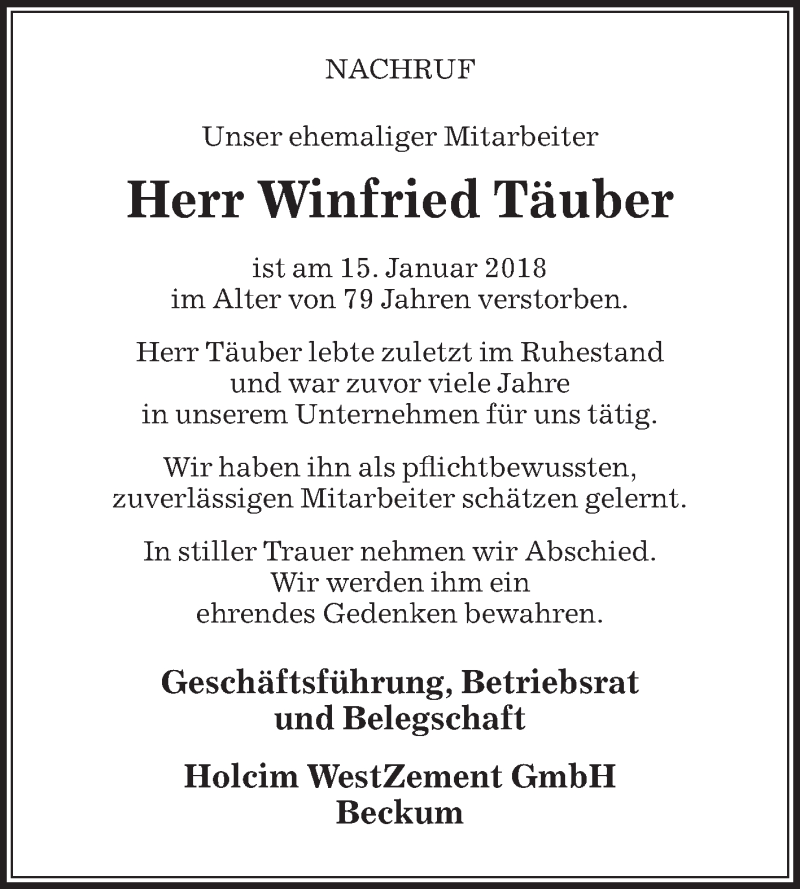  Traueranzeige für Winfried Täuber vom 26.01.2018 aus Die Glocke