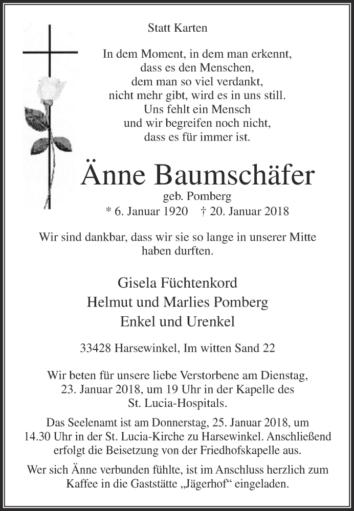  Traueranzeige für Änne Baumschäfer vom 23.01.2018 aus Die Glocke