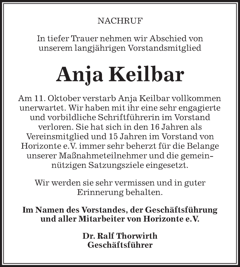  Traueranzeige für Anja Keilbar vom 18.10.2018 aus Die Glocke