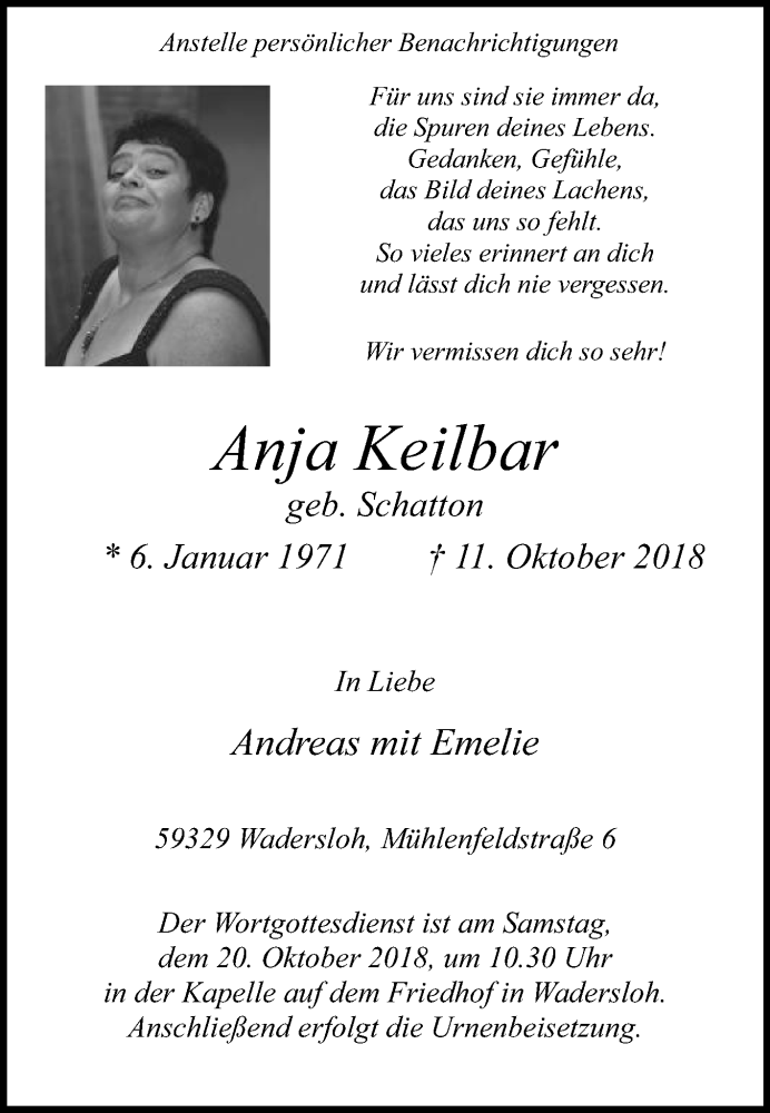  Traueranzeige für Anja Keilbar vom 17.10.2018 aus Die Glocke