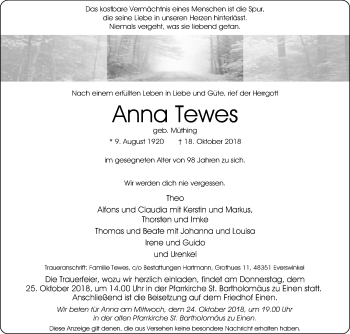 Traueranzeige von Anna Tewes von Die Glocke