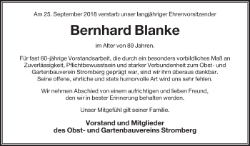 Traueranzeige von Bernhard Blanke von Die Glocke